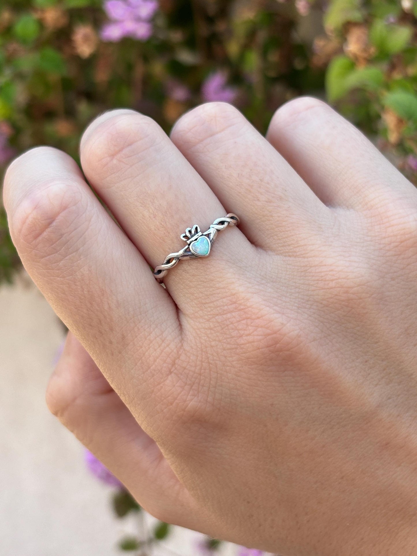 White Opal Claddagh Ring, Sterling Silver Irish Ring, Celtic Promise Ring, Heart Ring, Friendship Ring, 925 Silver Gift for Her