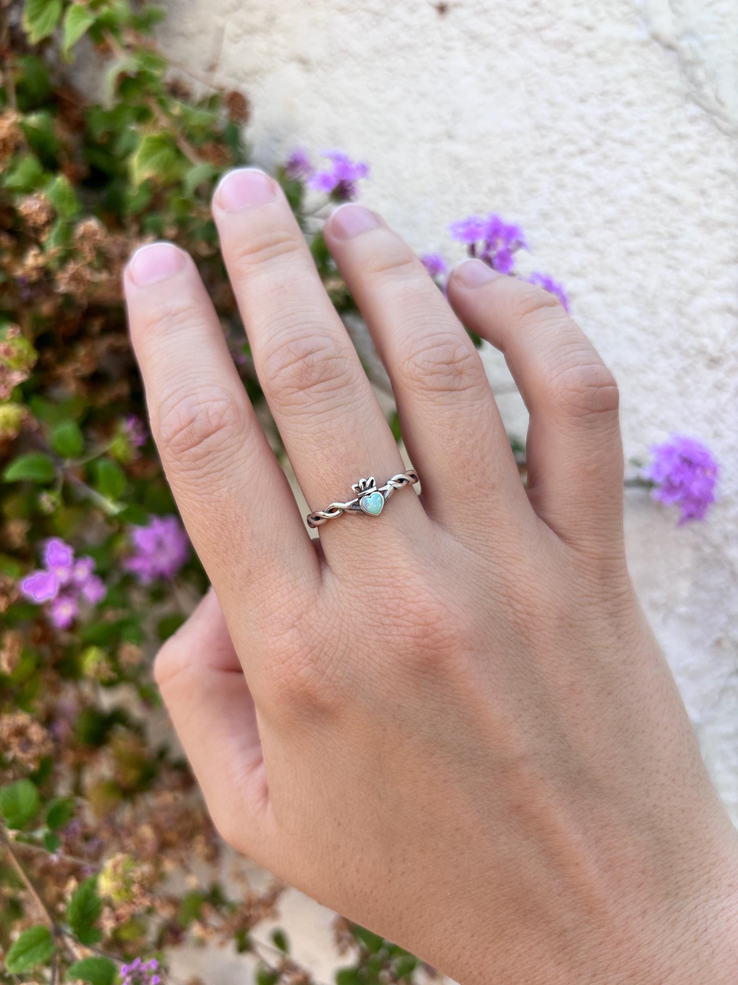 White Opal Claddagh Ring, Sterling Silver Irish Ring, Celtic Promise Ring, Heart Ring, Friendship Ring, 925 Silver Gift for Her