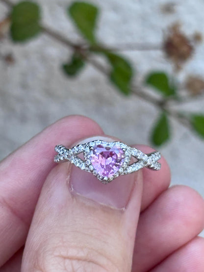 Pink Heart Ring, Pink Tourmaline CZ Ring, Sterling Silver Promise Ring, Halo Heart Ring, Romantic Gift for Her