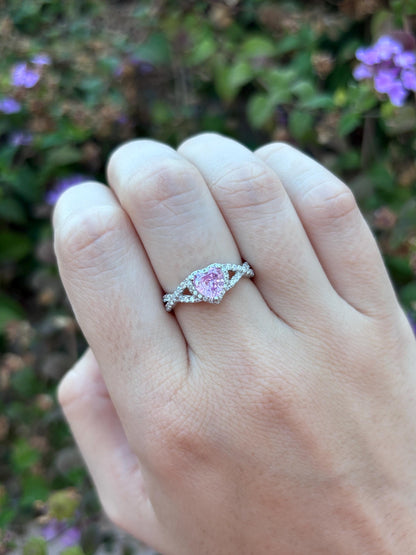 Pink Heart Ring, Pink Tourmaline CZ Ring, Sterling Silver Promise Ring, Halo Heart Ring, Romantic Gift for Her