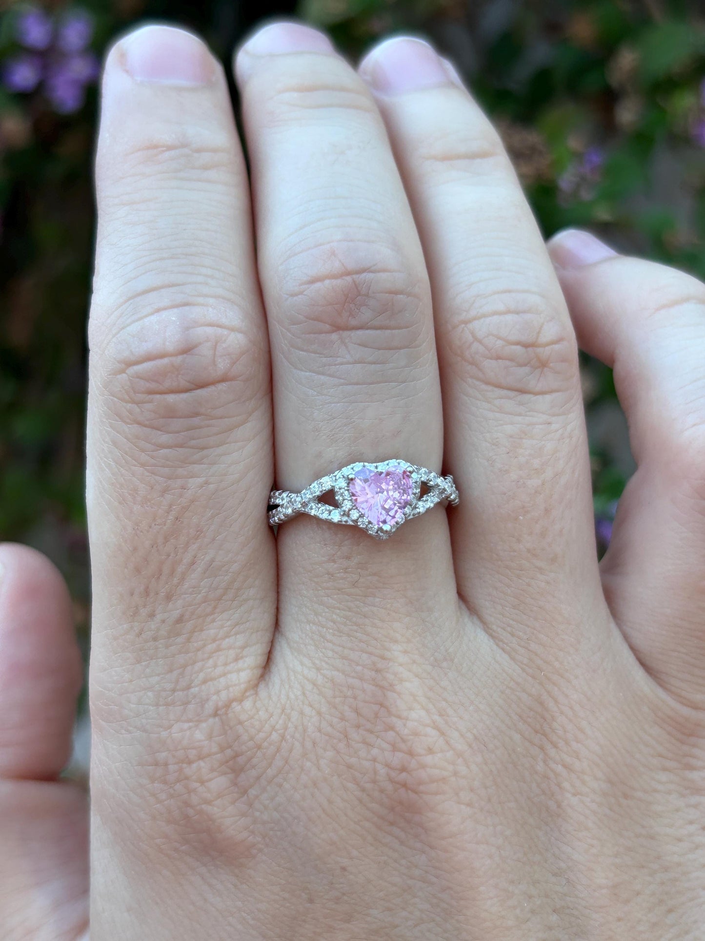 Pink Heart Ring, Pink Tourmaline CZ Ring, Sterling Silver Promise Ring, Halo Heart Ring, Romantic Gift for Her