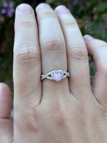 Pink Heart Ring, Pink Tourmaline CZ Ring, Sterling Silver Promise Ring, Halo Heart Ring, Romantic Gift for Her