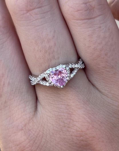 Pink Heart Ring, Pink Tourmaline CZ Ring, Sterling Silver Promise Ring, Halo Heart Ring, Romantic Gift for Her