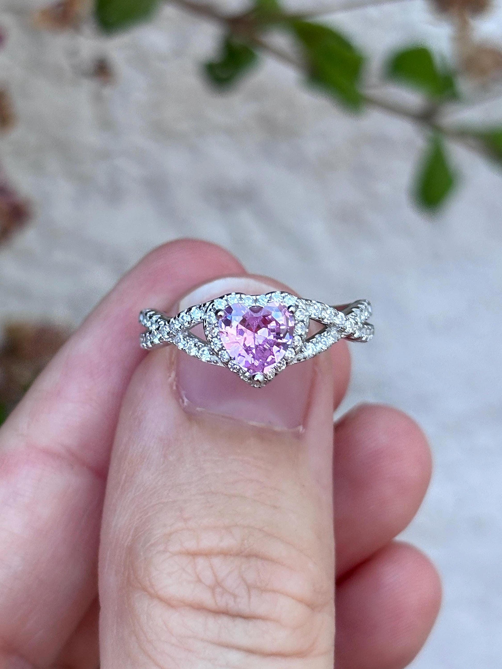 Pink Heart Ring, Pink Tourmaline CZ Ring, Sterling Silver Promise Ring, Halo Heart Ring, Romantic Gift for Her