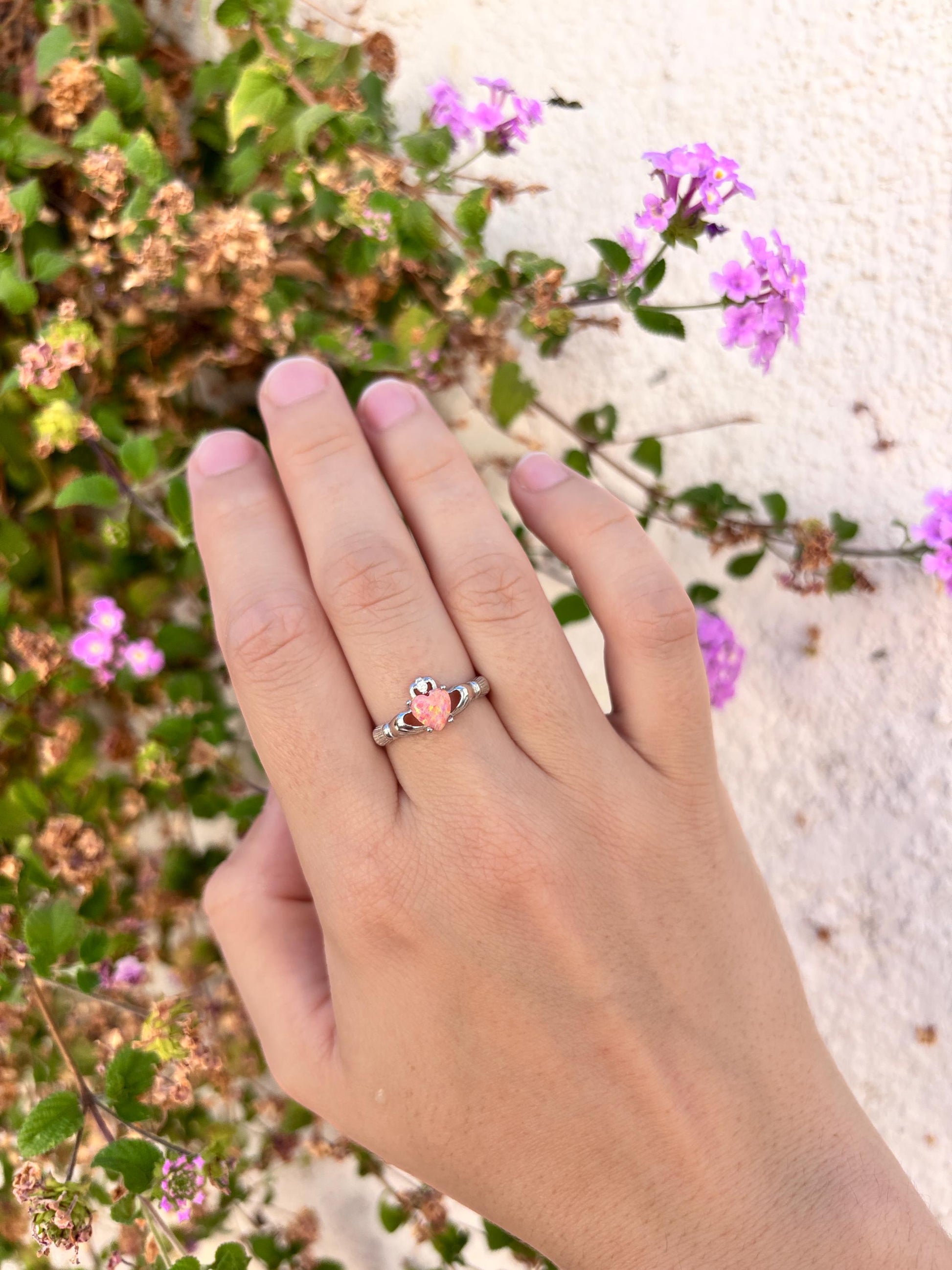 Coral Pink Opal Claddagh Ring, 925 Sterling Silver Irish Ring, Heart Pink Opal Promise Ring, Friendship Ring, Anniversary Gift for Her