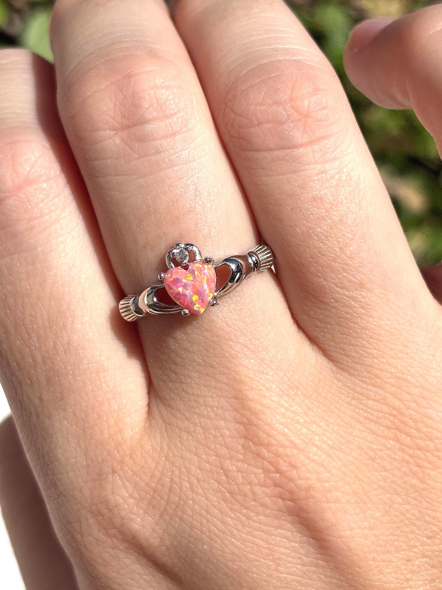 Coral Pink Opal Claddagh Ring, 925 Sterling Silver Irish Ring, Heart Pink Opal Promise Ring, Friendship Ring, Anniversary Gift for Her