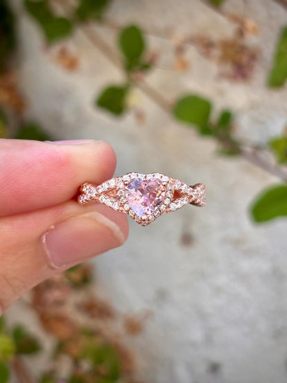 Rose Gold Heart Ring, Rose Morganite CZ Ring, Sterling Silver Halo Ring, Promise Ring, Bypass Ring, Gift for Her, Romantic Jewelry