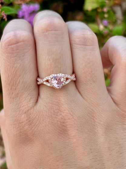 Rose Gold Heart Ring, Rose Morganite CZ Ring, Sterling Silver Halo Ring, Promise Ring, Bypass Ring, Gift for Her, Romantic Jewelry