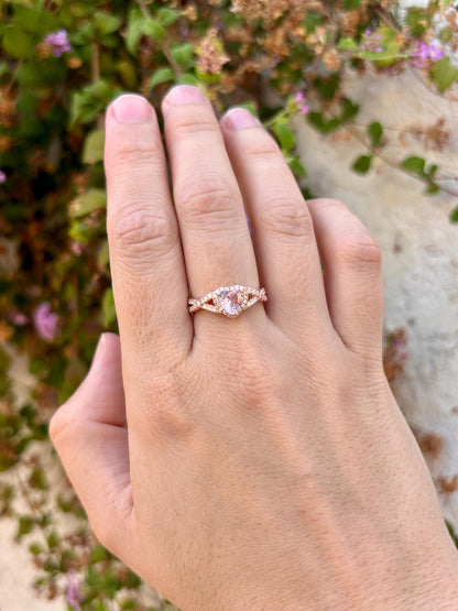 Rose Gold Heart Ring, Rose Morganite CZ Ring, Sterling Silver Halo Ring, Promise Ring, Bypass Ring, Gift for Her, Romantic Jewelry