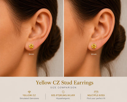 Yellow Citrine CZ Stud Earrings, 925 Sterling Silver Earrings, Yellow Gemstone Studs, Hypoallergenic Minimal Earrings, Everyday Jewelry Gift