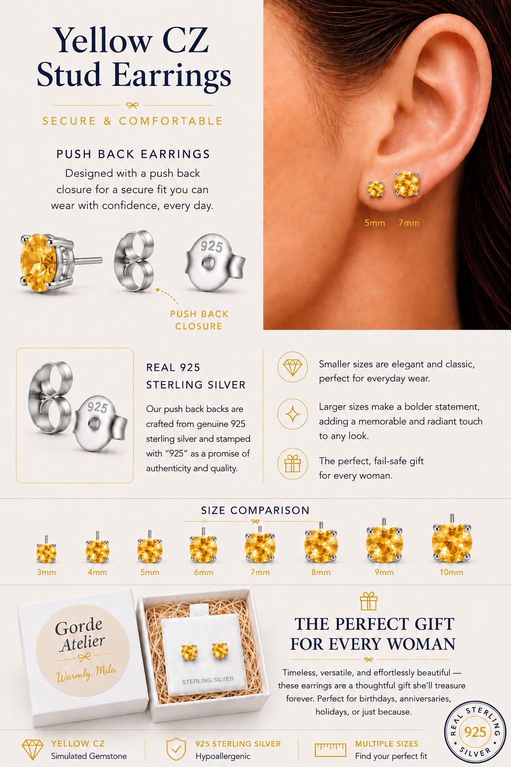 Yellow Citrine CZ Stud Earrings, 925 Sterling Silver Earrings, Yellow Gemstone Studs, Hypoallergenic Minimal Earrings, Everyday Jewelry Gift