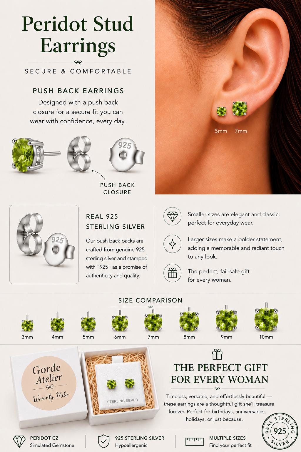 Peridot CZ Stud Earrings, Sterling Silver Stud Earrings, Green Crystal Earrings, 925 Silver Earrings, August Birthstone Studs, Gift for Her
