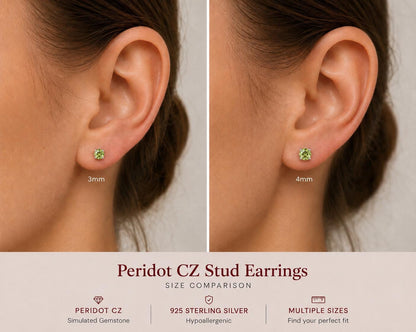 Peridot CZ Stud Earrings, Sterling Silver Stud Earrings, Green Crystal Earrings, 925 Silver Earrings, August Birthstone Studs, Gift for Her