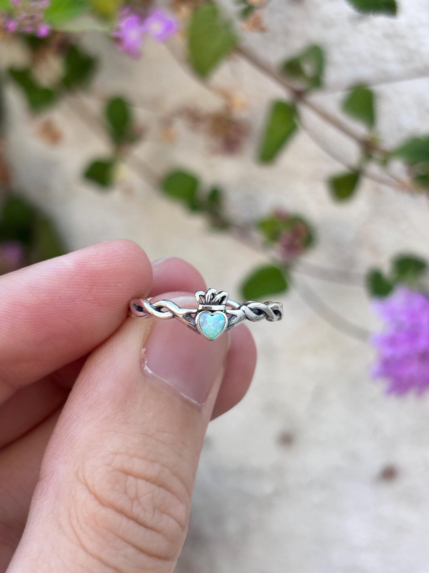 White Opal Claddagh Ring, Sterling Silver Irish Ring, Celtic Promise Ring, Heart Ring, Friendship Ring, 925 Silver Gift for Her