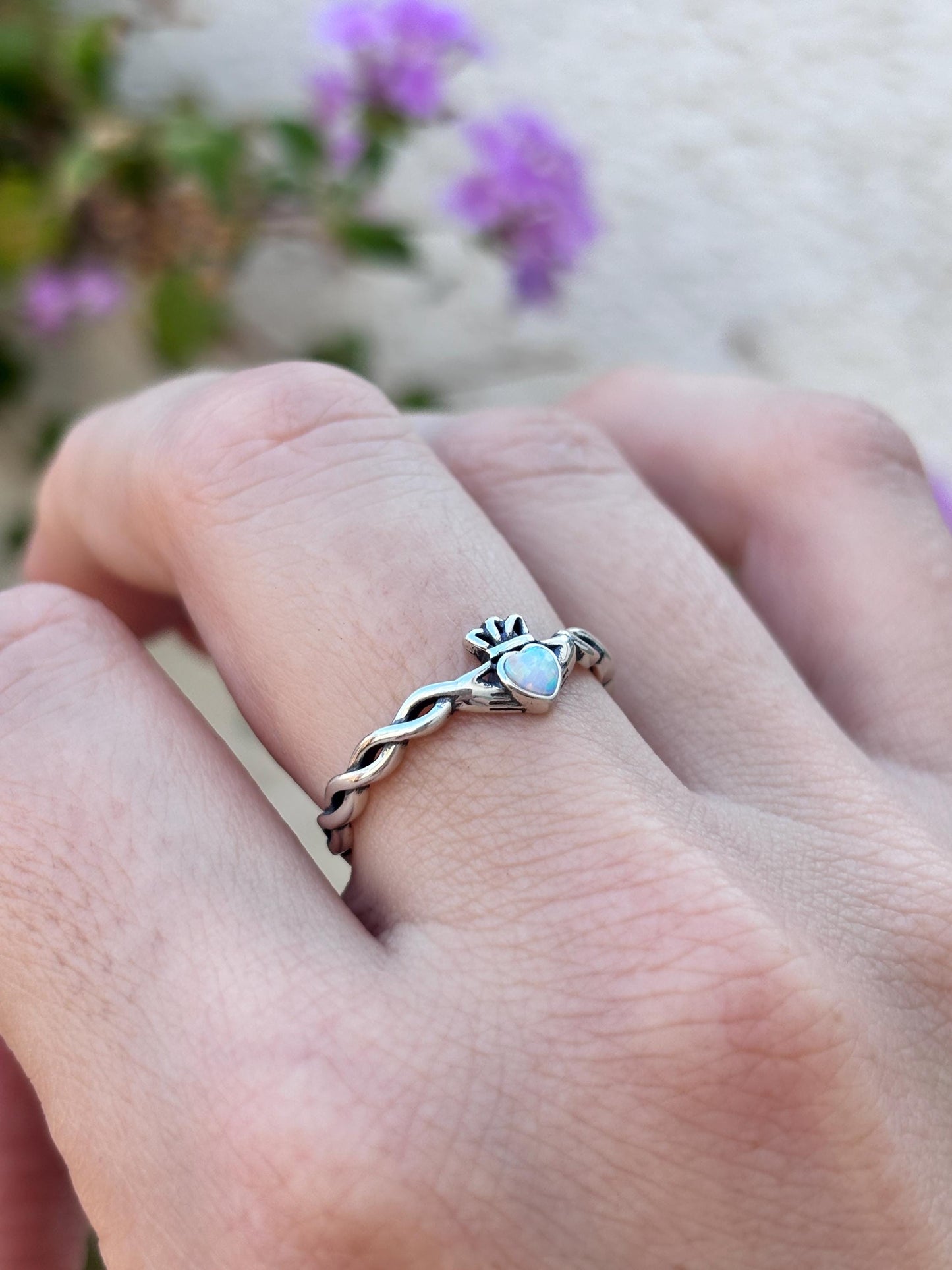 White Opal Claddagh Ring, Sterling Silver Irish Ring, Celtic Promise Ring, Heart Ring, Friendship Ring, 925 Silver Gift for Her