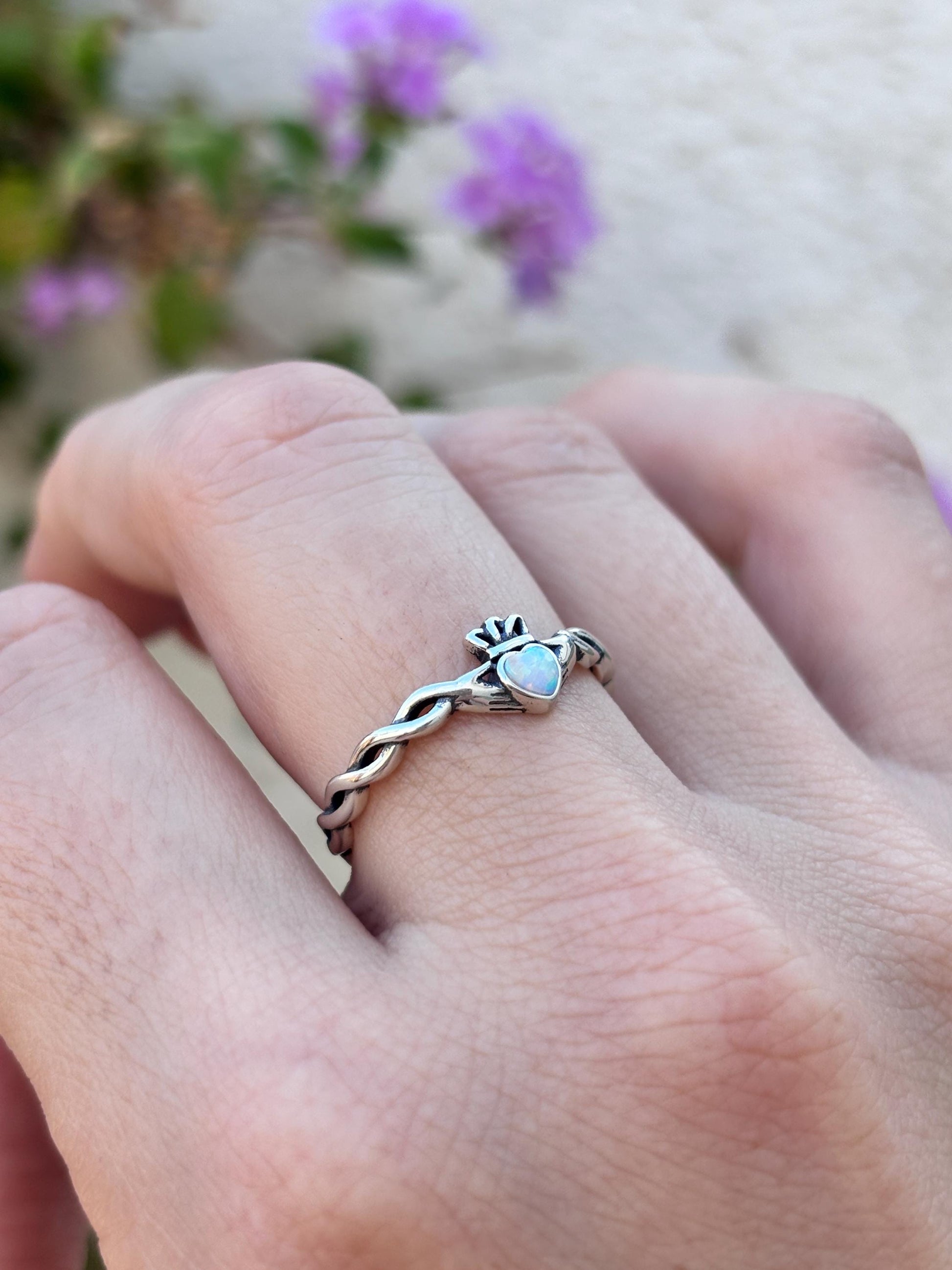 White Opal Claddagh Ring, Sterling Silver Irish Ring, Celtic Promise Ring, Heart Ring, Friendship Ring, 925 Silver Gift for Her
