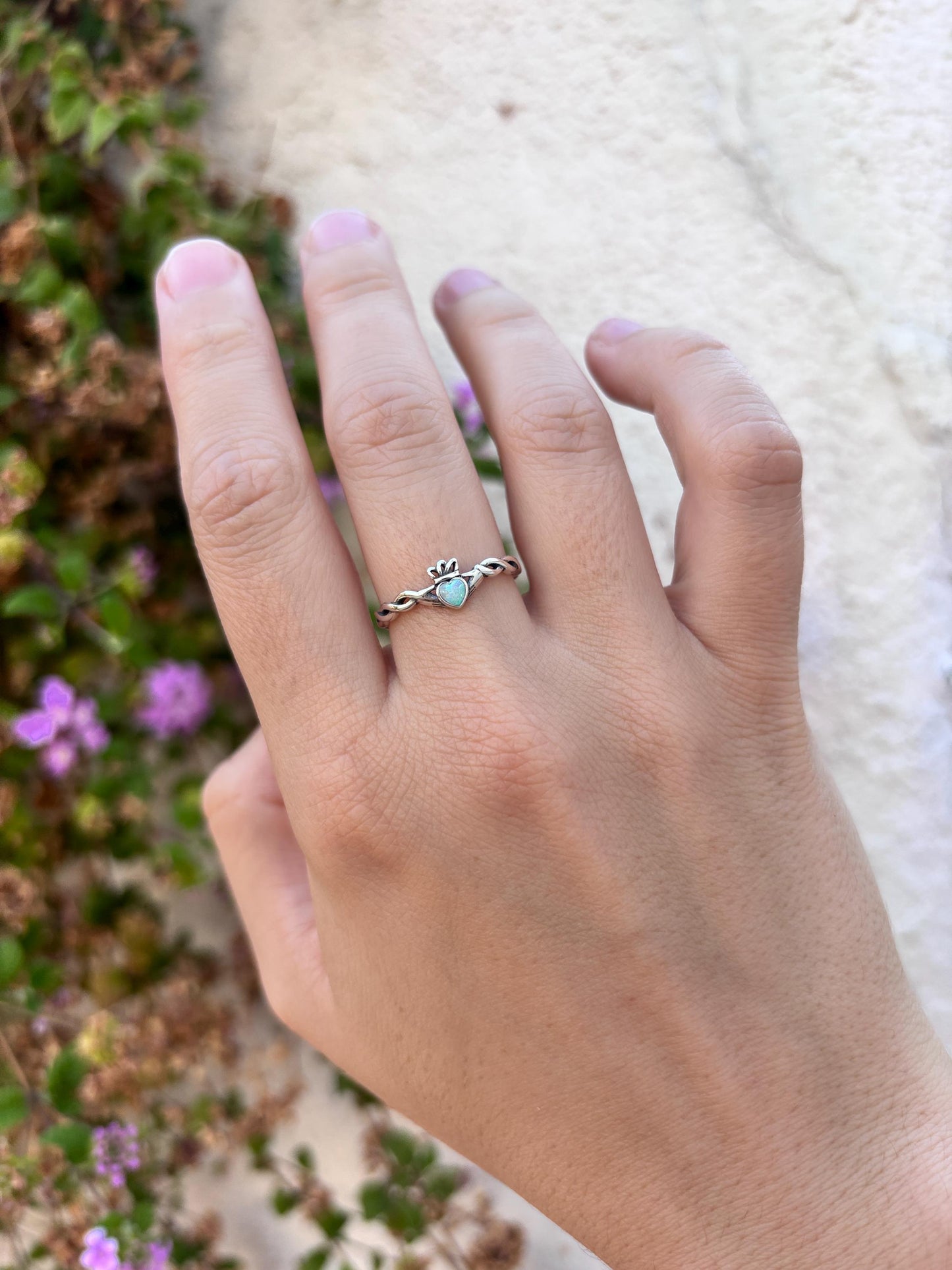 White Opal Claddagh Ring, Sterling Silver Irish Ring, Celtic Promise Ring, Heart Ring, Friendship Ring, 925 Silver Gift for Her
