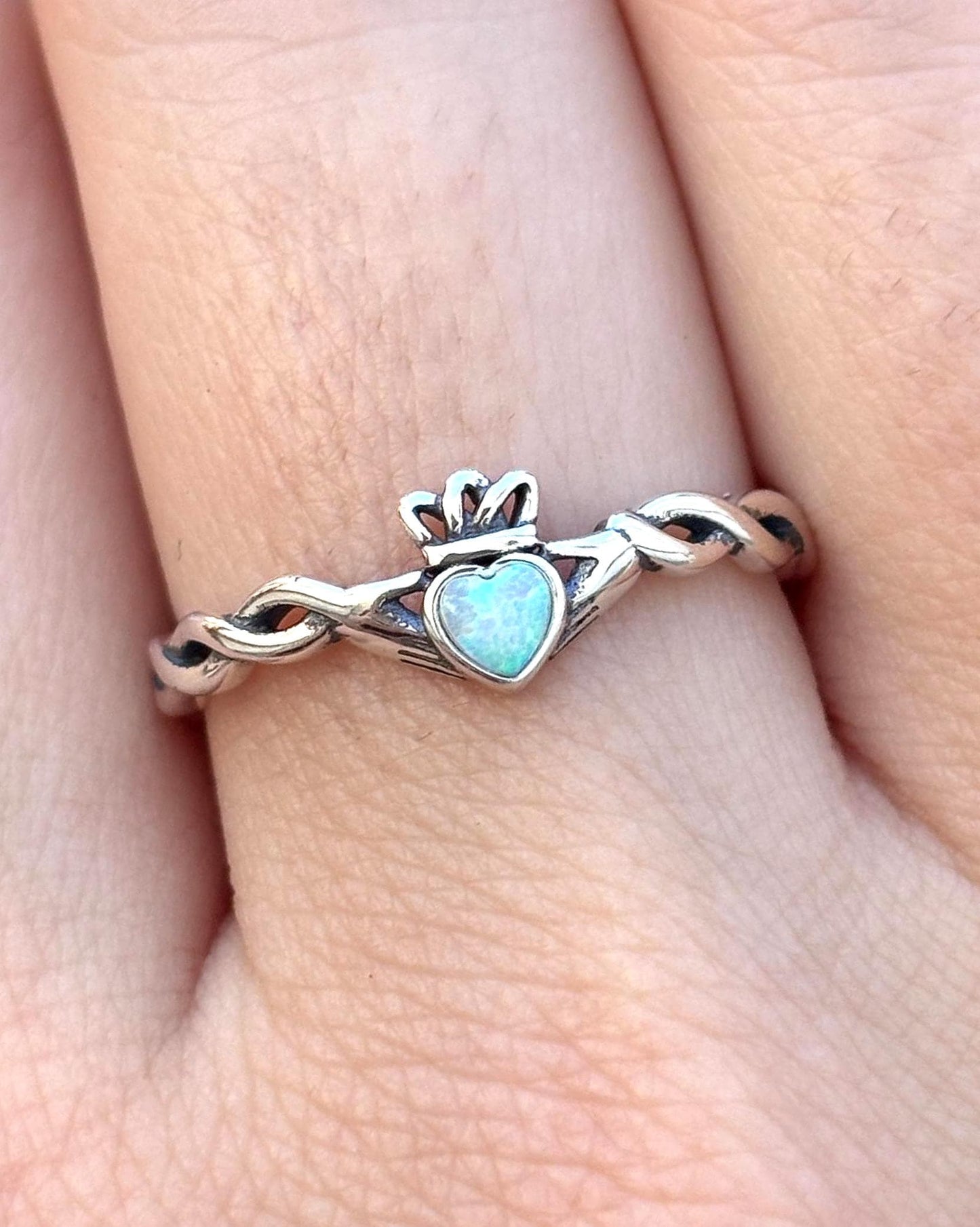 White Opal Claddagh Ring, Sterling Silver Irish Ring, Celtic Promise Ring, Heart Ring, Friendship Ring, 925 Silver Gift for Her