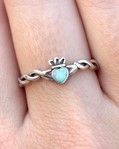 White Opal Claddagh Ring, Sterling Silver Irish Ring, Celtic Promise Ring, Heart Ring, Friendship Ring, 925 Silver Gift for Her