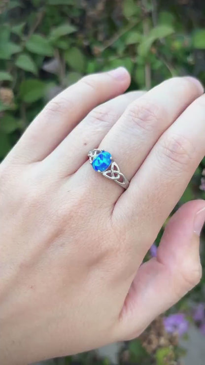 Blue Opal Celtic Ring, 925 Sterling Silver Ring, Celtic Knot Ring, Lab Created Blue Opal Ring, Irish Ring, Promise Ring, Gift for Her
