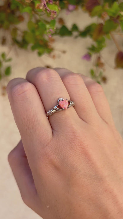 Coral Pink Opal Claddagh Ring, 925 Sterling Silver Irish Ring, Heart Pink Opal Promise Ring, Friendship Ring, Anniversary Gift for Her