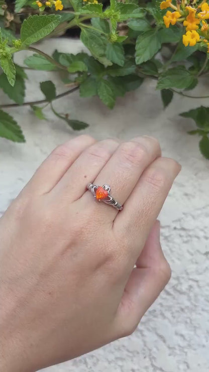 Sterling Silver Orange Opal Claddagh Ring, Irish Heart Ring, Fire Opal Ring, Celtic Promise Ring, Romantic Jewelry, Gift for Her
