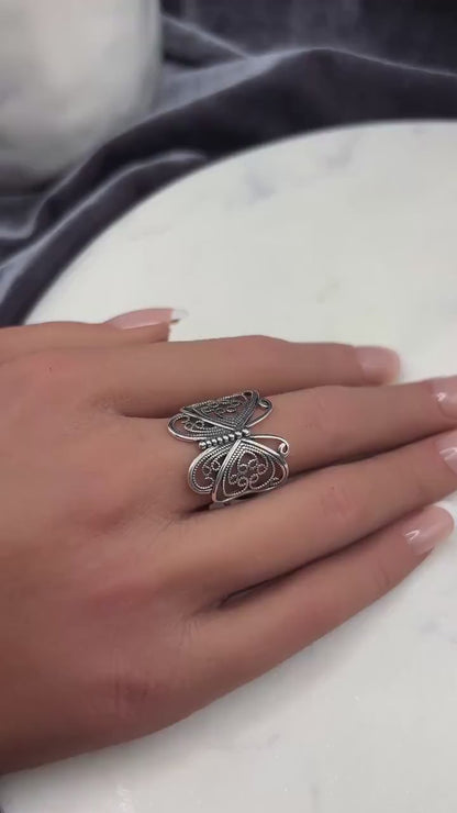 Handmade 925 Sterling Silver Butterfly Ring, Vintage Filigree Ring, Statement Butterfly Jewelry, Nature Inspired Ring, Gift for Her