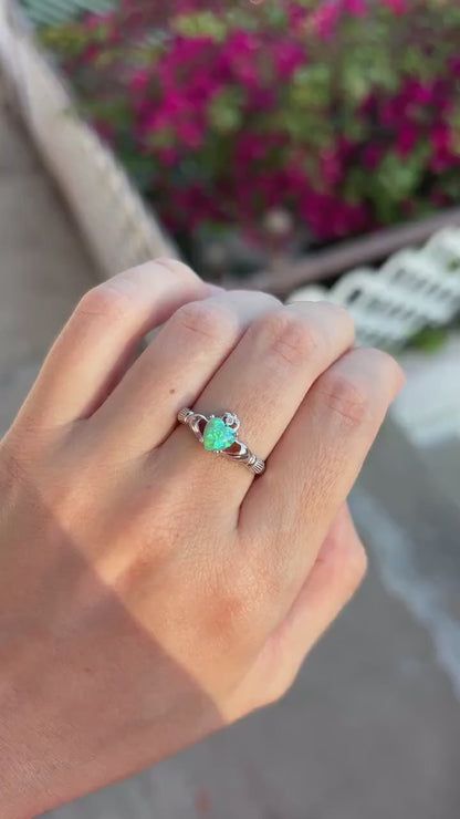 Kiwi Opal Claddagh Ring, Blue Green Opal Ring, Aqua Green Opal Jewelry, Irish Promise Ring, Celtic Heart Ring, Gift for Her, Irish Jewelry