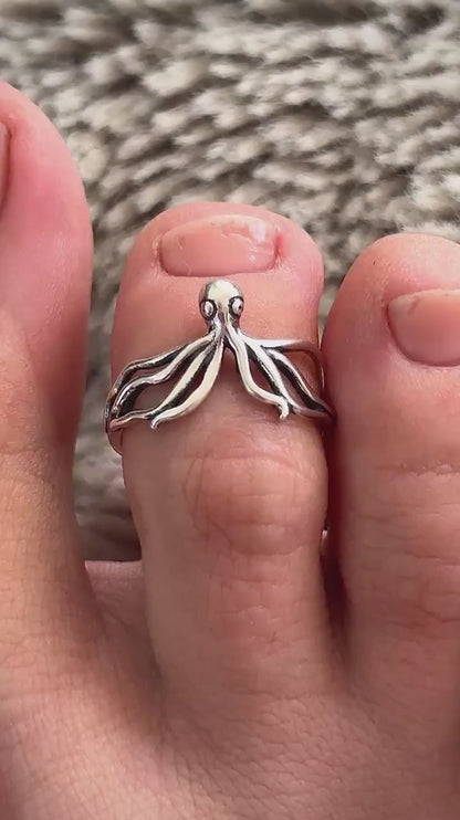 Sterling Silver Octopus Toe Ring, Adjustable 925 Silver Toe Ring, Beach Toe Ring, Ocean Jewelry, Sea Life Ring, Summer Foot Jewelry