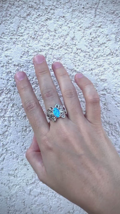 Blue Opal Butterfly Ring, 925 Sterling Silver Ring, Butterfly Jewelry, Lab Grown Opal Ring, Nature Inspired Ring, Statement Ring for Her