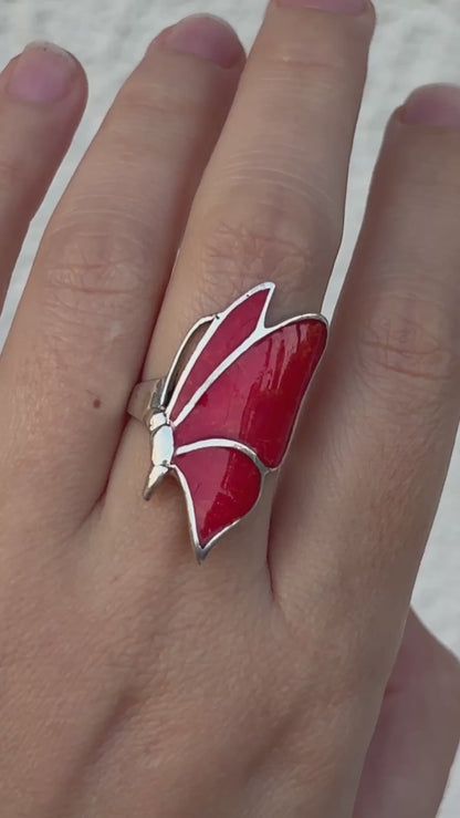 Red Coral Butterfly Ring, Natural Coral Inlay Ring, Sterling Silver Statement Ring, Handmade Monarch Butterfly Jewelry, Gift for Her