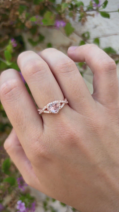Rose Gold Heart Ring, Rose Morganite CZ Ring, Sterling Silver Halo Ring, Promise Ring, Bypass Ring, Gift for Her, Romantic Jewelry