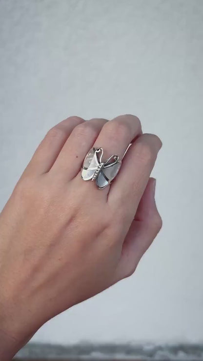 Genuine Mother of Pearl Handmade Butterfly Ring, 925 Sterling Silver Statement Ring, Natural Shell Ring, Butterfly Jewelry, Gift for Her