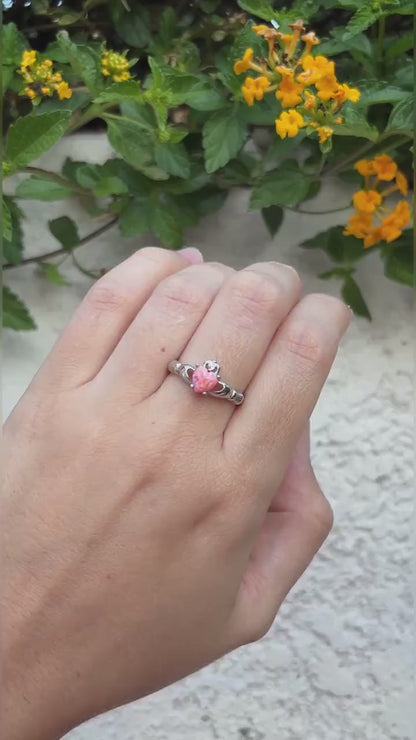 Sterling Silver Pink Opal Claddagh Ring, Irish Heart Ring, Celtic Promise Ring, Pink Heart Ring, Romantic Jewelry, Gift for Her, Irish Gift