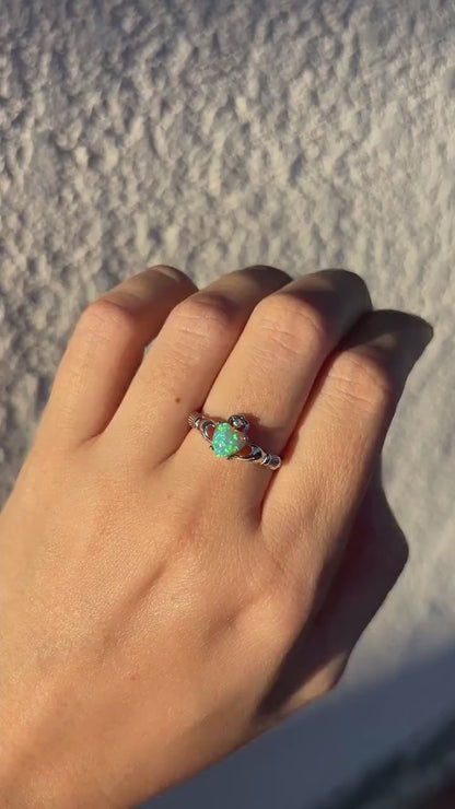 Kiwi Opal Claddagh Ring, Blue Green Opal Ring, Aqua Green Opal Jewelry, Irish Promise Ring, Celtic Heart Ring, Gift for Her, Irish Jewelry