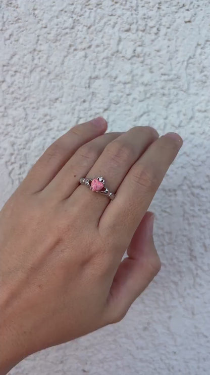 Sterling Silver Pink Opal Claddagh Ring, Irish Heart Ring, Celtic Promise Ring, Pink Heart Ring, Romantic Jewelry, Gift for Her, Irish Gift