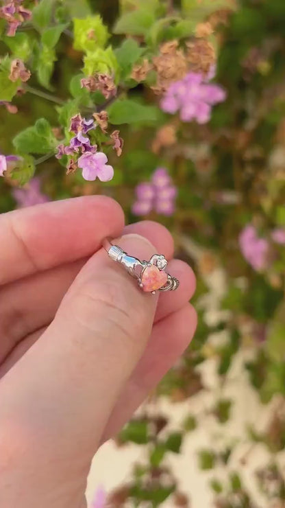 Coral Pink Opal Claddagh Ring, 925 Sterling Silver Irish Ring, Heart Pink Opal Promise Ring, Friendship Ring, Anniversary Gift for Her