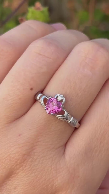 Pink Tourmaline Claddagh Ring, Sterling Silver Irish Ring, Heart Promise Ring, Celtic Ring, Pink Rose CZ Ring, Gift for Her, Love Ring