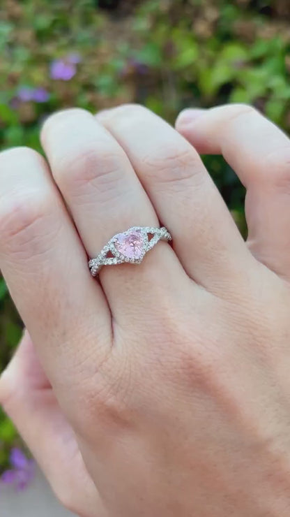 Pink Heart Ring, Pink Tourmaline CZ Ring, Sterling Silver Promise Ring, Halo Heart Ring, Romantic Gift for Her