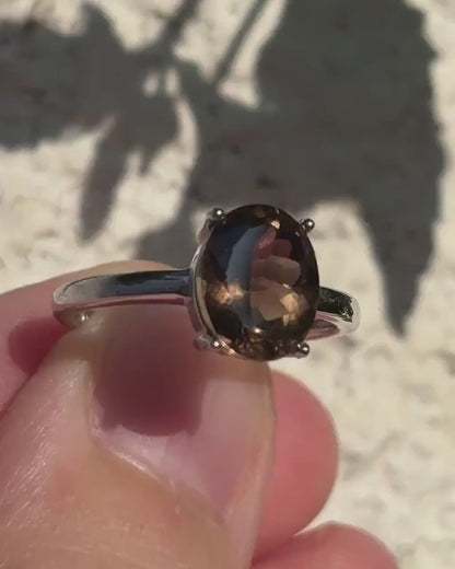 Natural Smoky Quartz Ring, 9x7mm Oval Solitaire Ring, Sterling Silver Promise Ring, Brown Gemstone Ring, Gift for Her