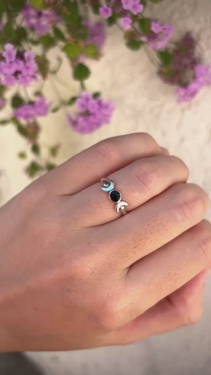 Sterling Silver Triple Moon Ring, Black Onyx Ring, Moon Goddess Ring, Celestial Ring, Wiccan Jewelry, Witchy Ring, Gift for Her, Pagan Ring