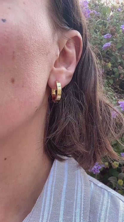 Greek Key Hoop Earrings, Gold Hoop Earrings, 14K Gold Plated Hoops, Stainless Steel Earrings, Geometric Huggie Hoops, Waterproof Jewelry