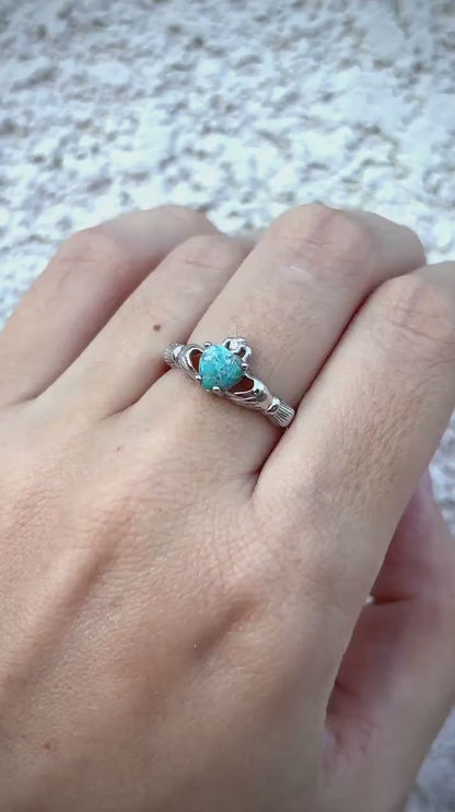 Sterling Silver Turquoise Claddagh Ring, Natural Turquoise Ring, Irish Promise Ring, Celtic Heart Ring, Friendship Gift for Her