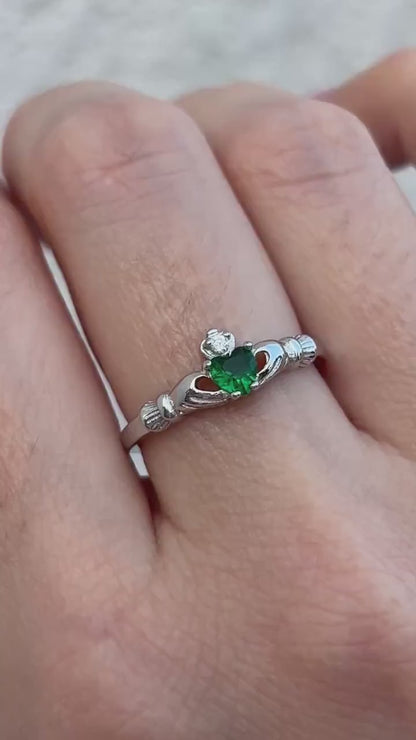 Claddagh Ring with Green Heart, Sterling Silver Claddagh Ring, Irish Promise Ring, Emerald Heart Ring, Celtic Jewelry, Friendship Love Ring