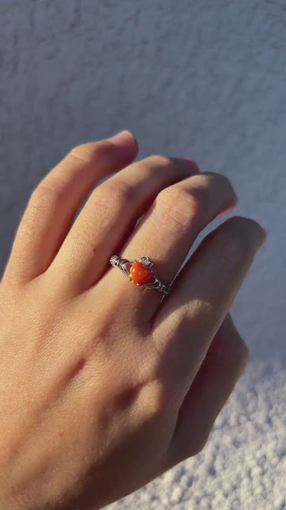 Sterling Silver Orange Opal Claddagh Ring, Irish Heart Ring, Fire Opal Ring, Celtic Promise Ring, Romantic Jewelry, Gift for Her