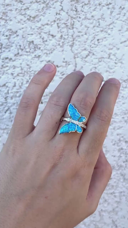 Blue Opal Butterfly Ring, Sterling Silver Butterfly Ring, Lab Grown Opal Ring, Nature Inspired Jewelry, Art Nouveau Ring, Gift For Her