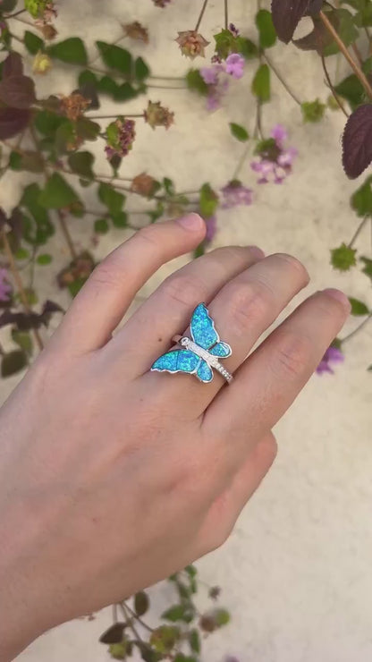Blue Opal Butterfly Ring, Sterling Silver Butterfly Ring, Lab Grown Opal Ring, Nature Inspired Jewelry, Art Nouveau Ring, Gift For Her