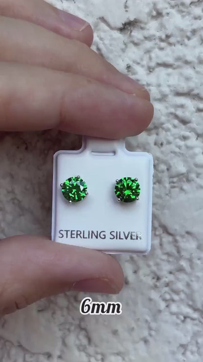 Green Emerald CZ Stud Earrings, Sterling Silver Stud Earrings, Emerald Green Earrings, May Birthstone Gift, Minimalist Silver Studs, May Gem