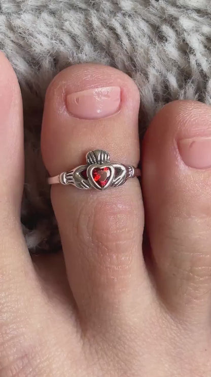 Claddagh Toe Ring 925 Sterling Silver, Red Garnet CZ Toe Ring, Adjustable Silver Toe Ring, Celtic Irish Jewelry, Beach Toe Ring