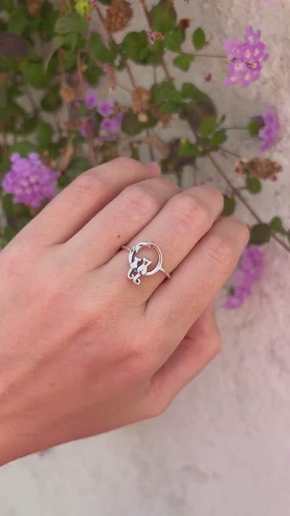 Cats on Moon Ring, Sterling Silver Cat Ring, Crescent Moon Ring, Cat Lover Gift, Minimalist Animal Jewelry, Oxidized 925 Silver Ring